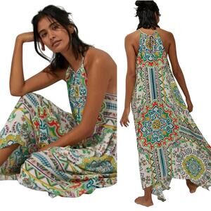Anthropologie Ella Printed Halter Maxi Dress High Low Hanky Hem A Line XS/S